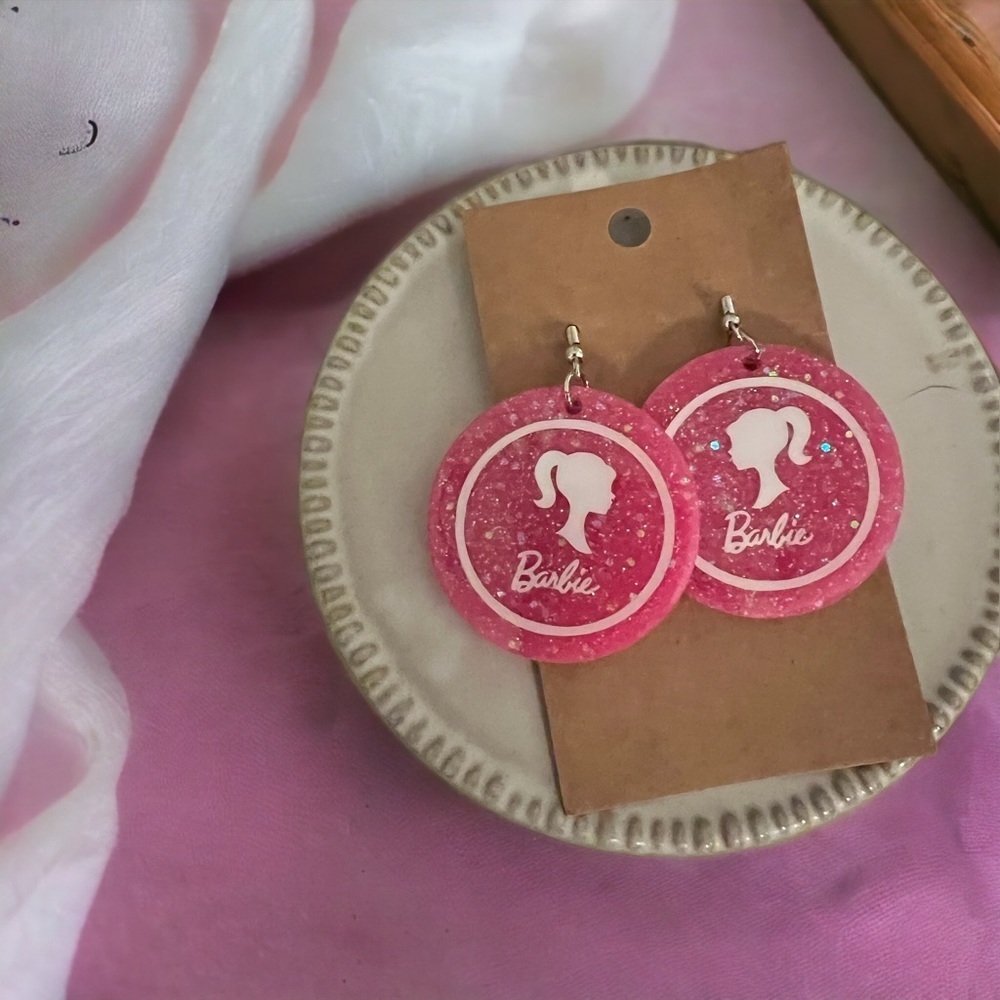 Barbie Pink Sparkle Earrings With White Silhouette